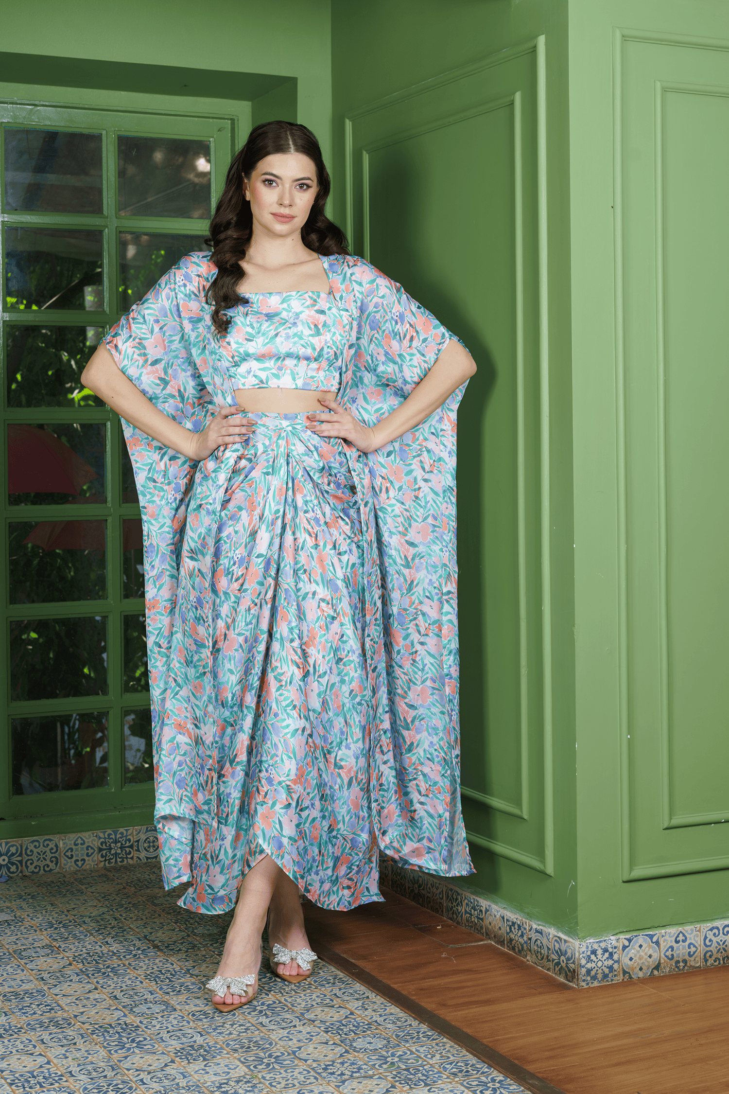 Trendy leafy print dhoti set showcasing contemporary Indian clothing with a modern indo western twist – ideal for parties and festive celebrations.